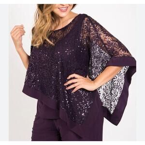 R&M Richards Purple Asymmetrical Poncho Top Sequins Laced Women’s Plus Size 20W